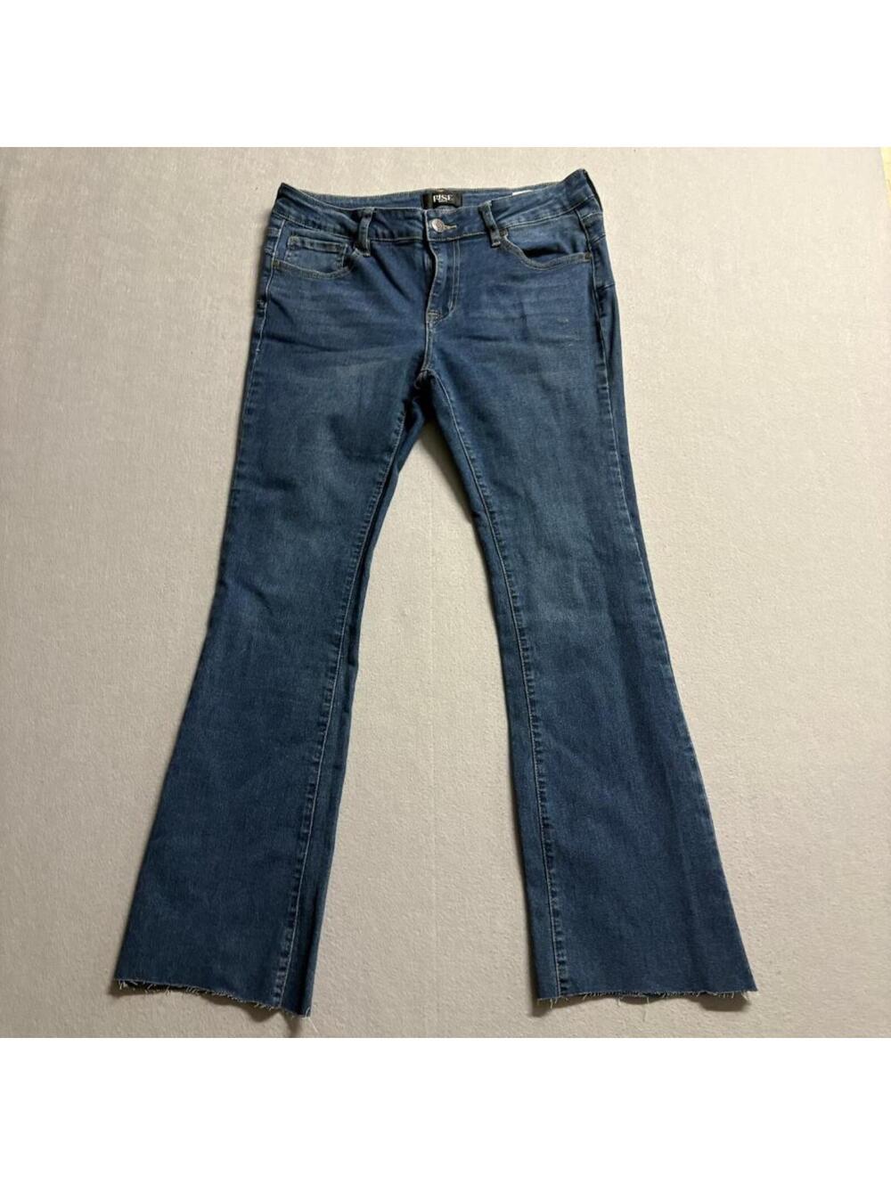 Rise Supply Co Flare Jeans Womens Size 11 Blue Denim Raw Hem Stretch Mid Rise